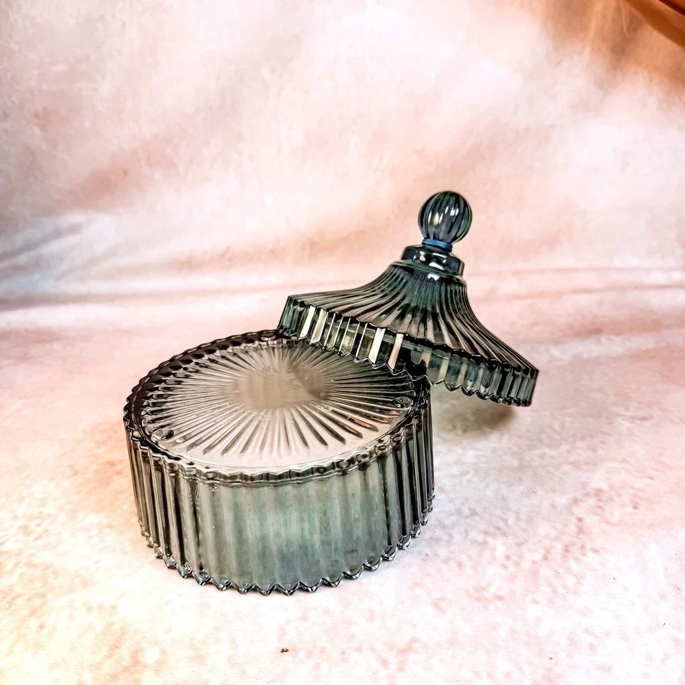 Blue Green Ribbed Glass Lidded Dish